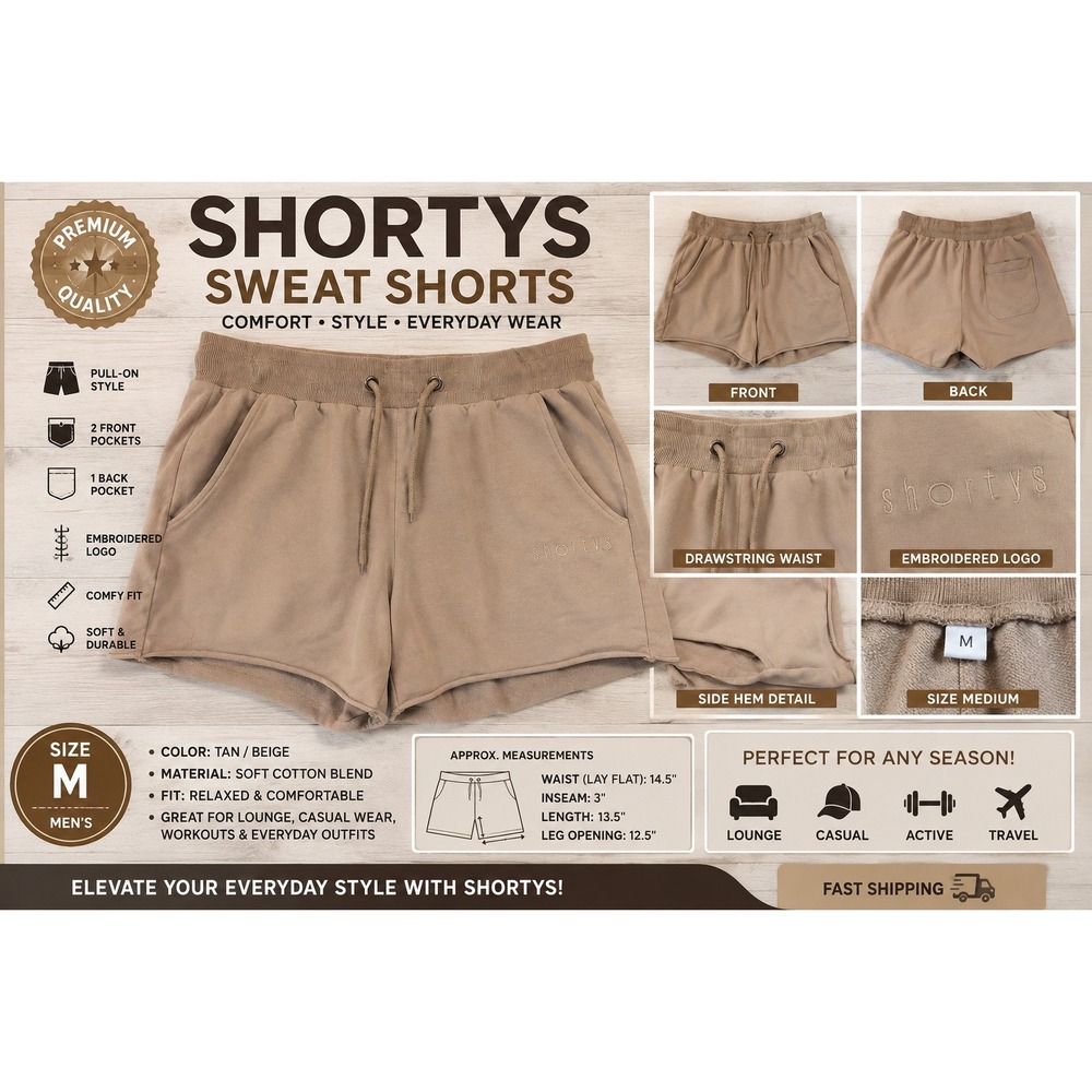 Shortys Mens Sweat Shorts Tan Beige Embroidered Logo Relaxed Fit Size M